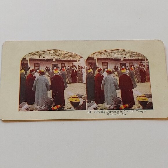 ANTIQUE STEREOGRAPH CARD Double Sided Colour Howling Dervishes/Mosque Sultan - Picture 1 of 5